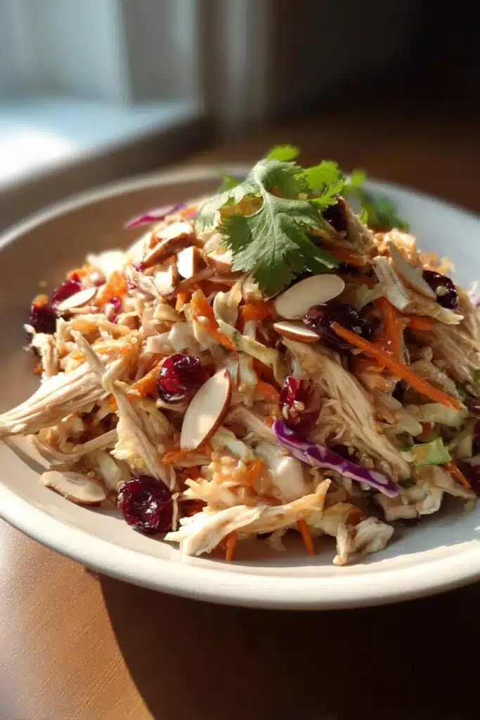 Asian Chicken Cranberry Salad 1 Asian chicken cranberry salad with shredded chicken, cranberries, cabbage, and almonds in ceramic bowl