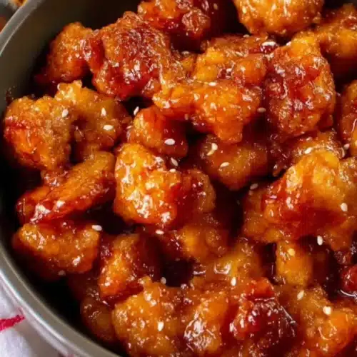 Crispy baked orange chicken with glossy citrus glaze in ceramic bowl