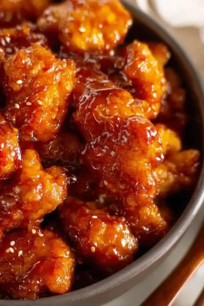 Close-up of crispy Baked Orange Chicken with glossy citrus glaze