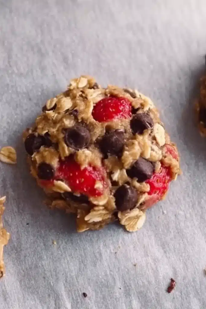 Best Strawberry Cookies 3 Best Strawberry Cookies dough shaped with oats strawberries and chocolate chips