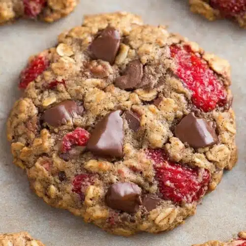 Best Strawberry Cookies 5 Soft strawberry oatmeal cookies with chocolate chips on linen background