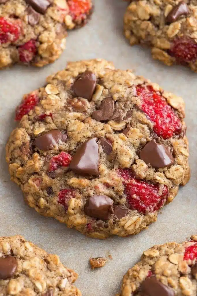 Best Strawberry Cookies 1 Soft strawberry oatmeal cookies with chocolate chips on linen background