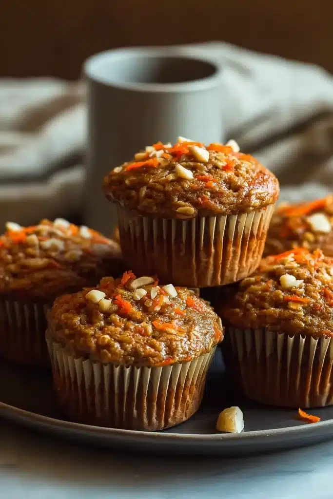 Bowl Carrot Oatmeal Muffins Recipe You’ll Love 1 Bowl carrot oatmeal muffins with nuts on plate, soft moist texture