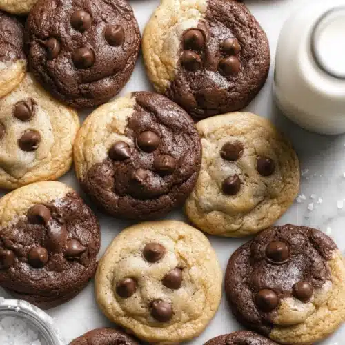 Brookies Cookies Recipe: Soft, Chewy, and Fudgy Delight 3 Brookies Cookies with brownie and chocolate chip halves served with milk