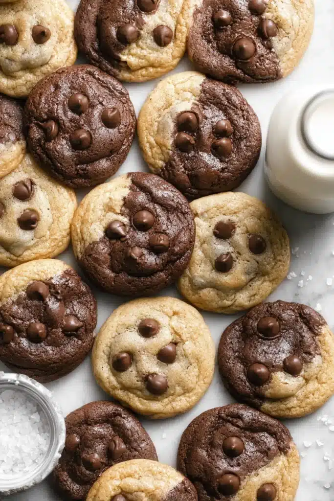 Brookies Cookies Recipe: Soft, Chewy, and Fudgy Delight 2 Brookies Cookies with brownie and chocolate chip halves served with milk