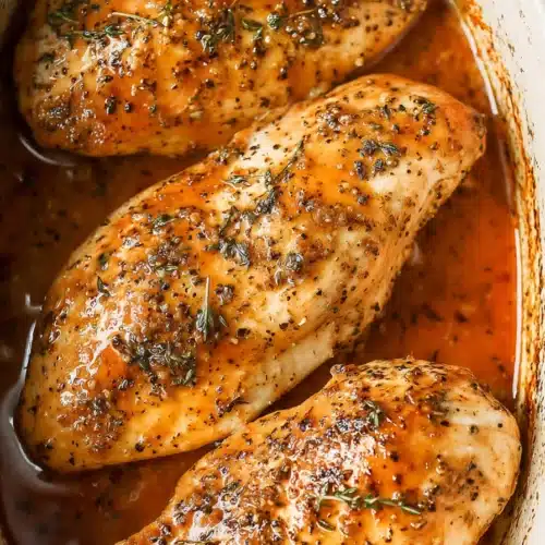 Close up of brown sugar garlic chicken breasts in glossy caramelized sauce