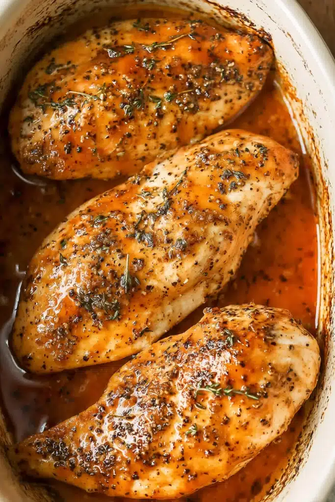 Close up of brown sugar garlic chicken breasts in glossy caramelized sauce
