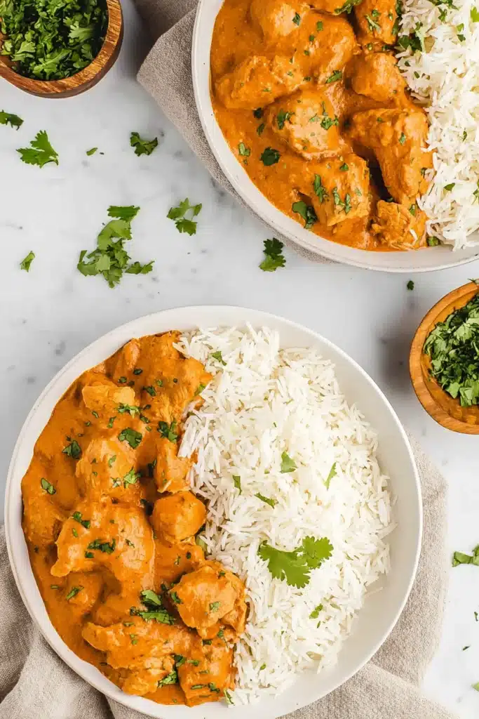 Butter chicken slow cooker with rice and cilantro in white bowls