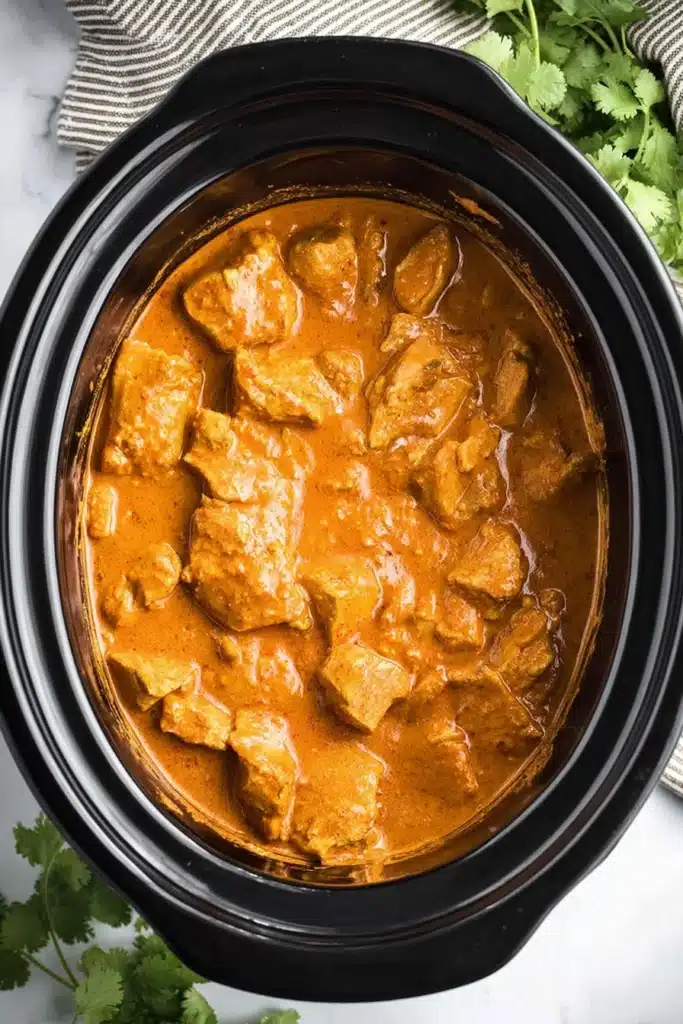 Butter chicken slow cooker with creamy tomato sauce and tender chicken