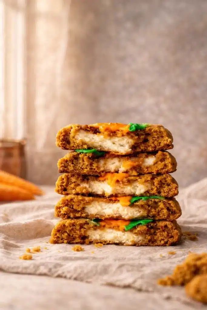 Carrot Cake Cookies That Are Soft, Creamy, and Perfect for Easter 2 Stacked Carrot Cake Cookies with creamy cheesecake filling