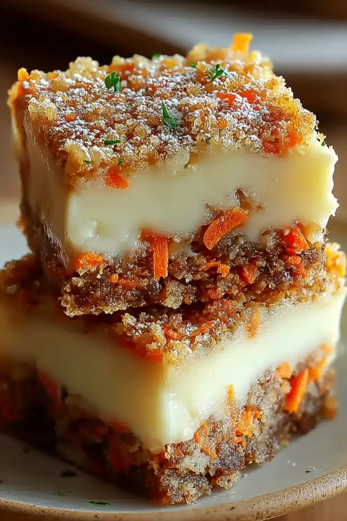 Carrot Cake Cream Cheese Bars with creamy cheesecake layer and moist texture
