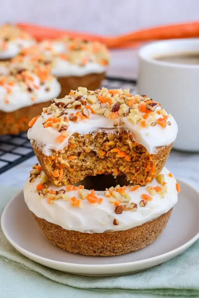 Carrot Cake Donuts That Are Soft, Spiced, and Perfect for Easter 3 Carrot Cake Donuts with cream cheese frosting and a bite showing moist carrot cake texture