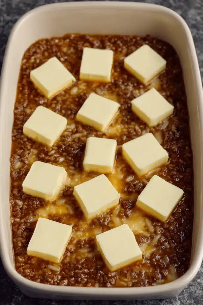 Unbaked Cheesy Ground Beef and Rice Casserole with butter cubes before baking