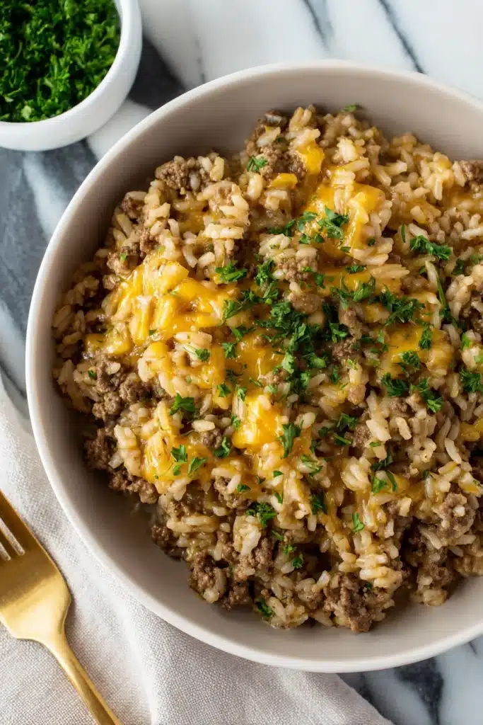 Cheesy Ground Beef and Rice Casserole in white bowl with melted cheddar and parsley
