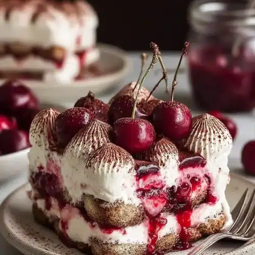 Cherry Amaretto tiramisu slice with mascarpone cream layers and fresh cherries on top