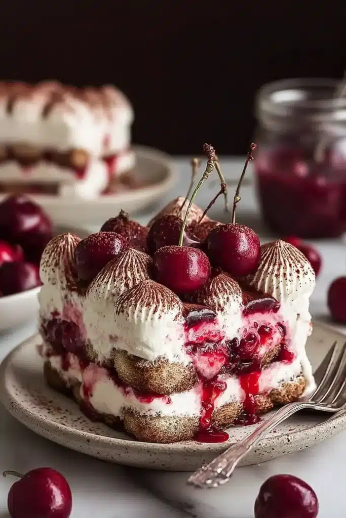 Cherry Amaretto tiramisu slice with mascarpone cream layers and fresh cherries on top