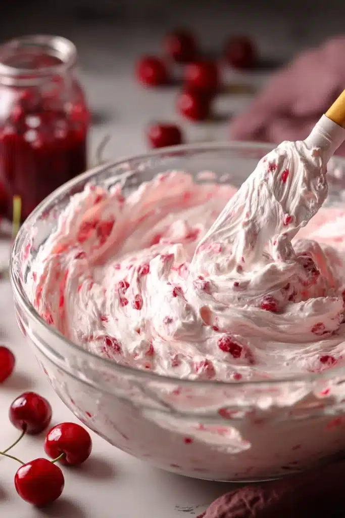 Cherry Amaretto tiramisu mascarpone cream with cherries being mixed in a bowl