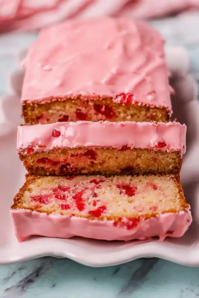 Sliced Cherry Bread with pink glaze and cherry pieces inside