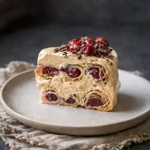 Cherry cake slice with puff pastry layers and dulce de leche cream frosting
