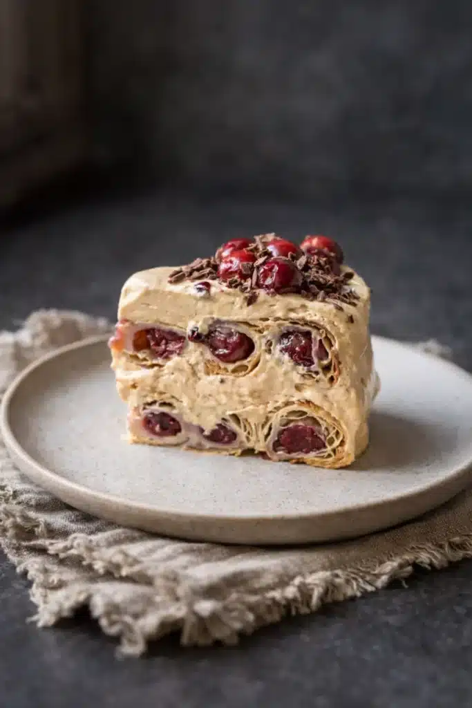 Cherry cake slice with puff pastry layers and dulce de leche cream frosting