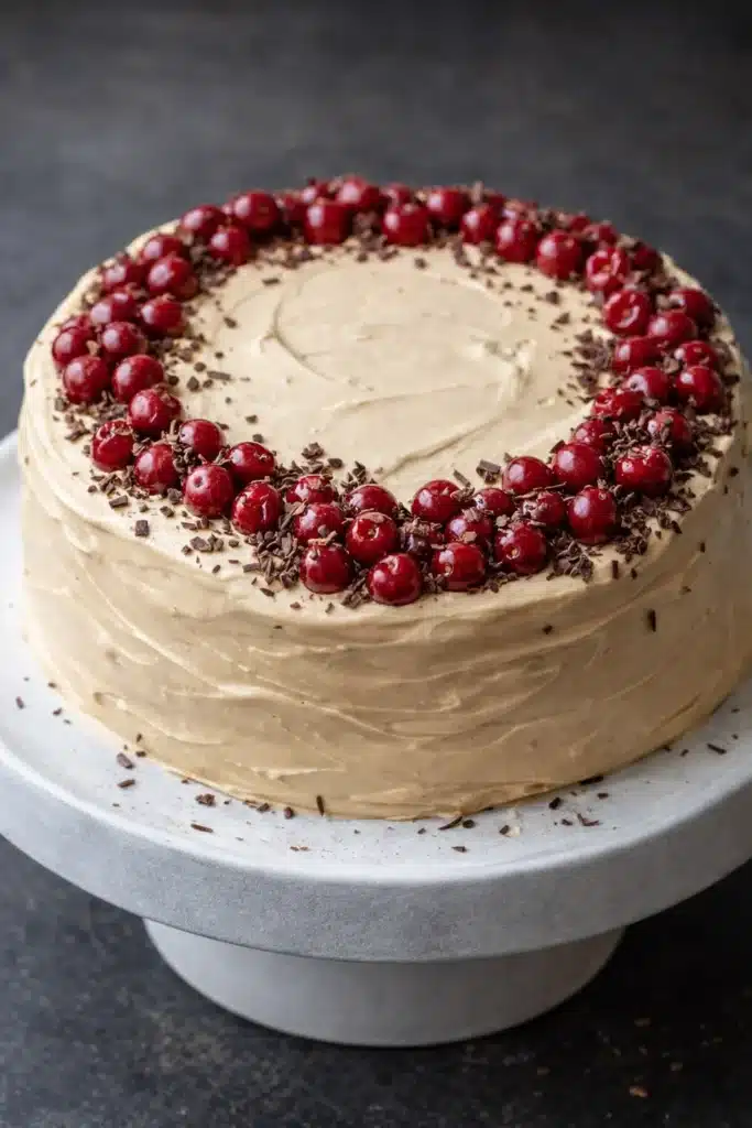Cherry Cake with dulce de leche frosting and cherry topping