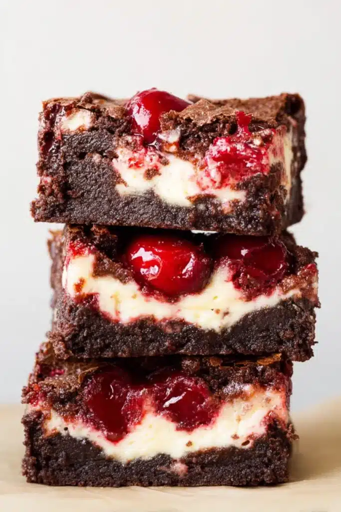 Stacked Cherry Cheesecake Brownies showing fudgy layers and cherry topping