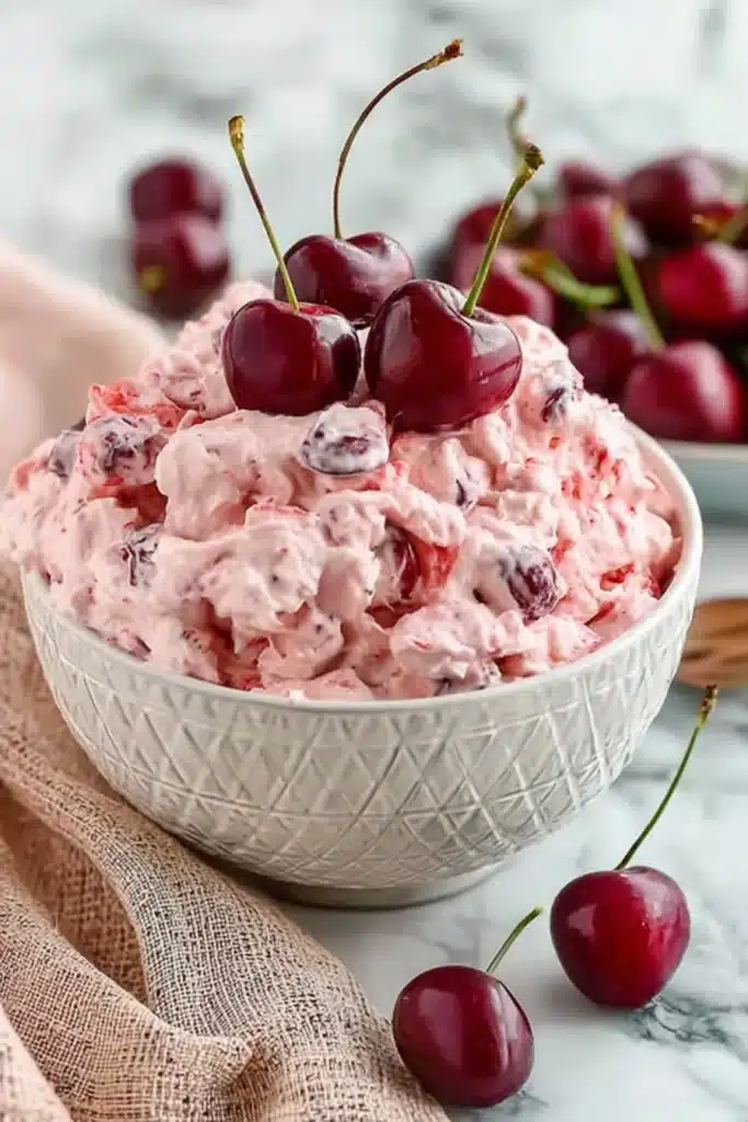 Cherry Cheesecake Fluff in white bowl topped with fresh red cherries
