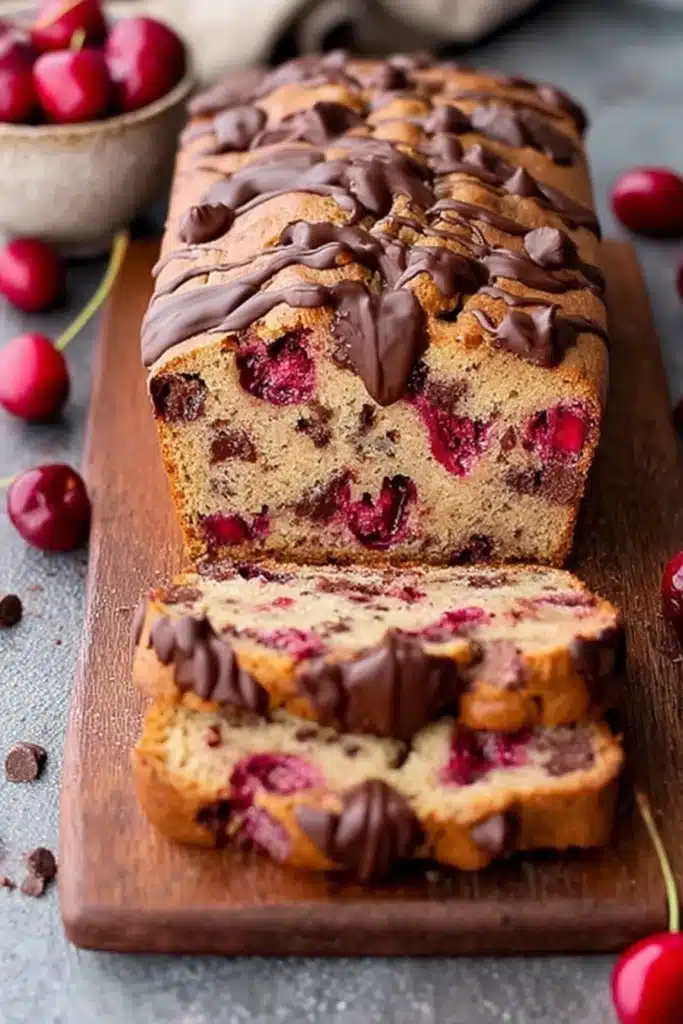 Cherry chocolate loaf bread with whole cherries and chocolate drizzle on wooden board