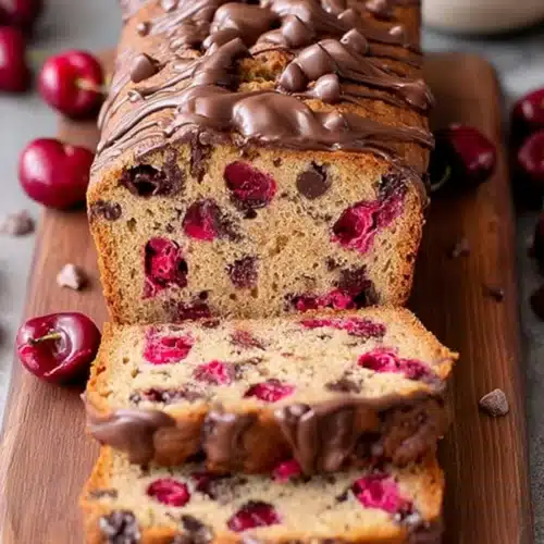 Cherry chocolate loaf bread with whole cherries and chocolate drizzle on wooden board