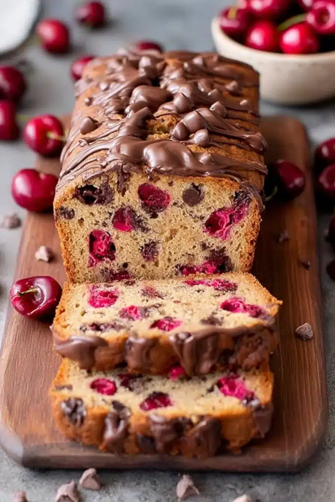 Cherry chocolate loaf bread with whole cherries and chocolate drizzle on wooden board