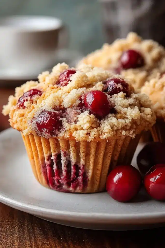 Cherry cobbler muffin with glossy cherries and golden streusel topping on ceramic plate