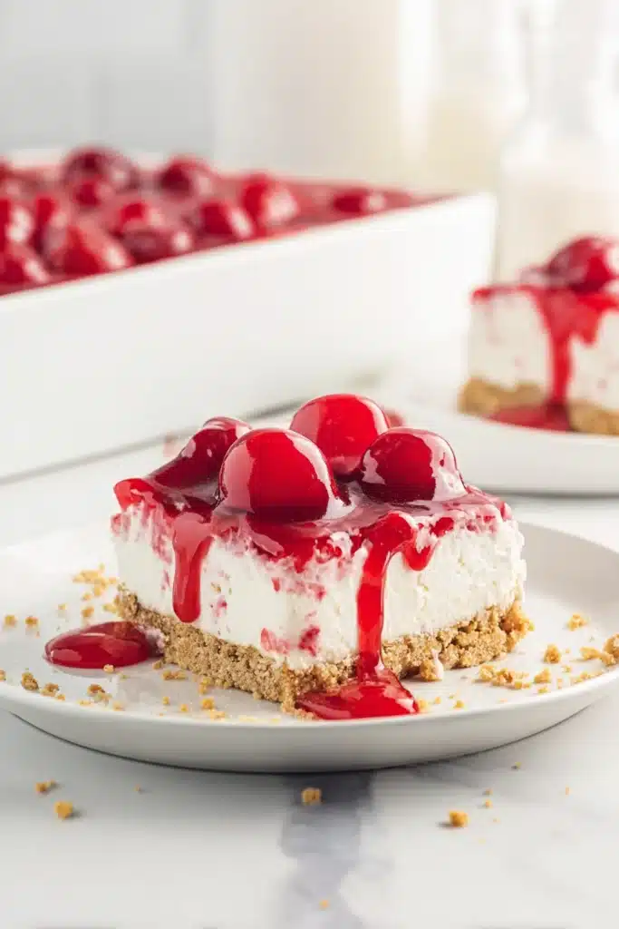Cherry Delight Easy Creamy No Bake Dessert 1 Cherry Delight dessert slice with graham cracker crust, creamy cheesecake layer, and glossy cherry topping