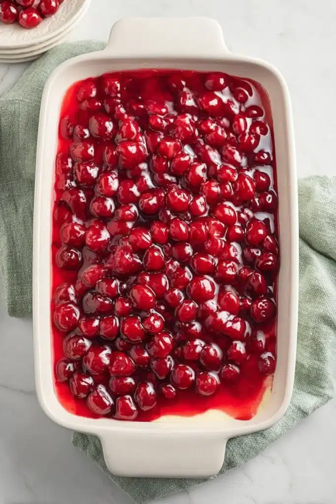 Cherry Delight Easy Creamy No Bake Dessert 4 Cherry Delight dessert topped with glossy cherry pie filling in a white baking dish