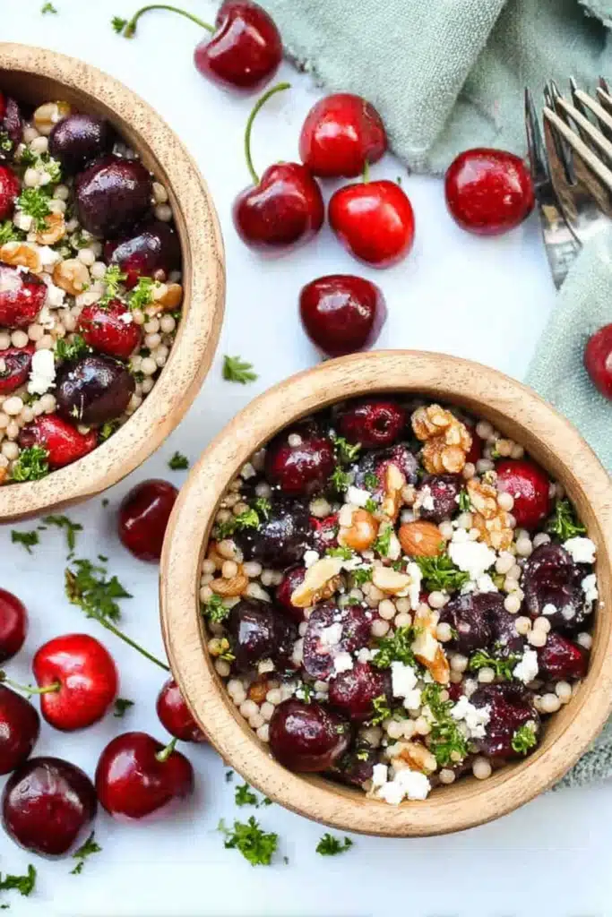 Cherry Walnut Couscous Salad with feta and walnuts in wooden bowls