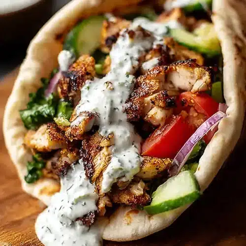 Chicken Shawarma with Garlic Sauce in soft pita wrap with fresh vegetables