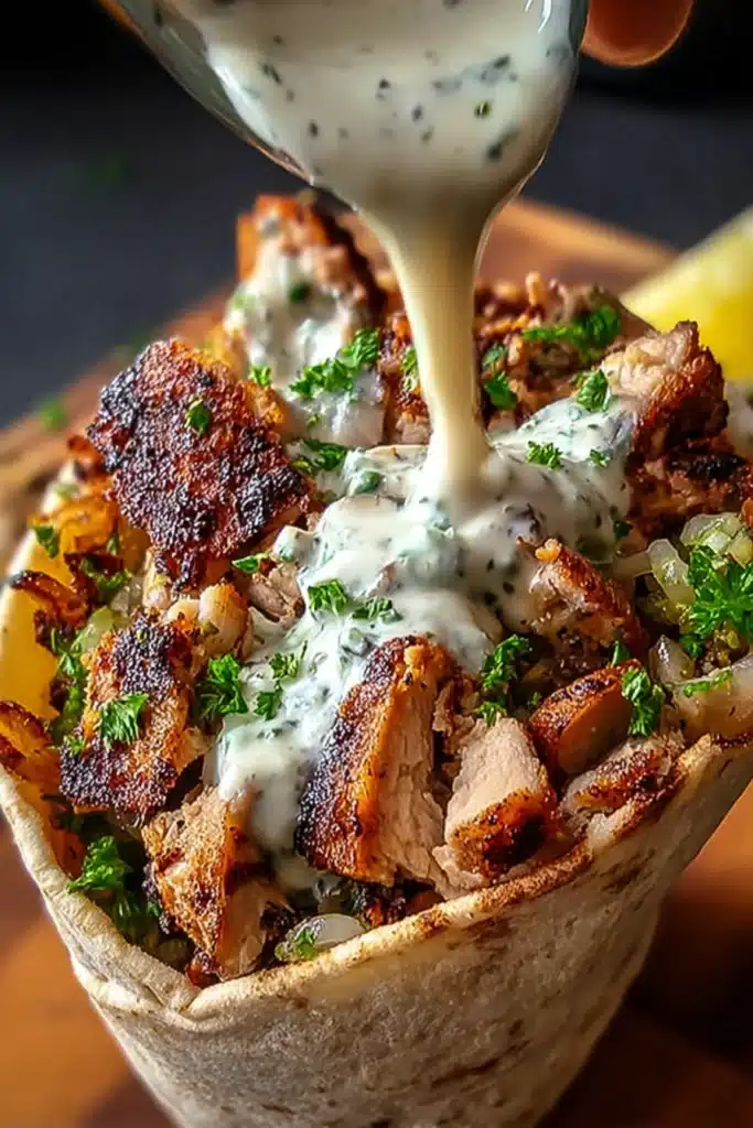 Chicken shawarma with garlic sauce poured over crispy grilled chicken in flatbread