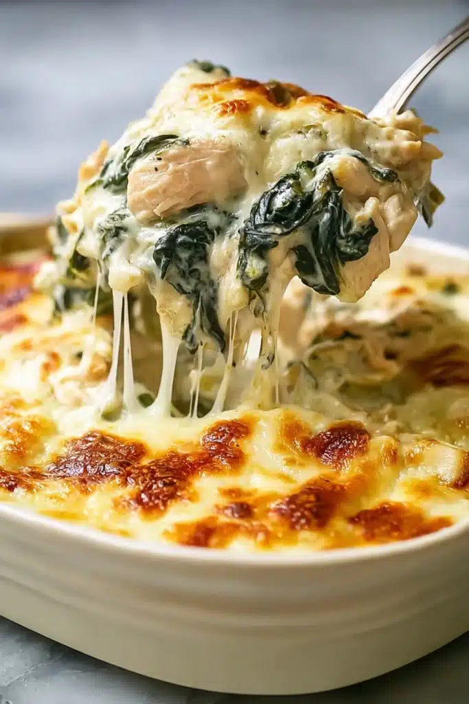 This creamy chicken and spinach casserole features tender chicken, silky spinach, and golden melted mozzarella. Rich, cheesy, and comforting, it’s the perfect cozy dinner recipe for busy weeknights.