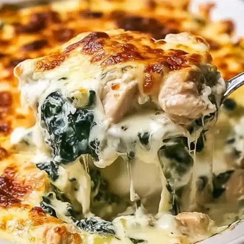 Creamy chicken and spinach casserole with melted mozzarella and wilted spinach