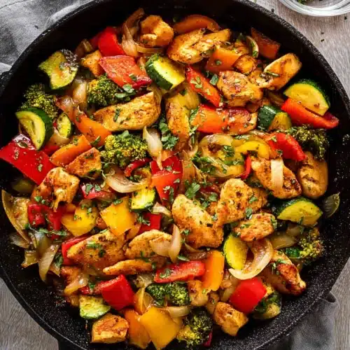 Chicken and vegetables skillet with broccoli, bell peppers, and zucchini in cast iron pan