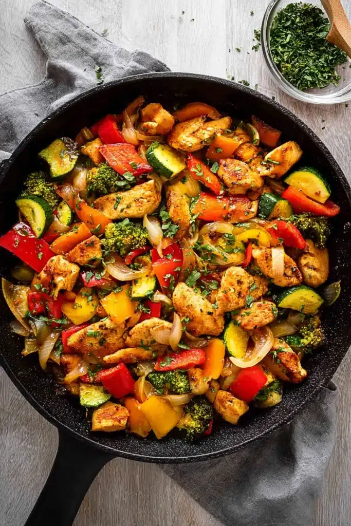 Chicken and vegetables skillet with broccoli, bell peppers, and zucchini in cast iron pan