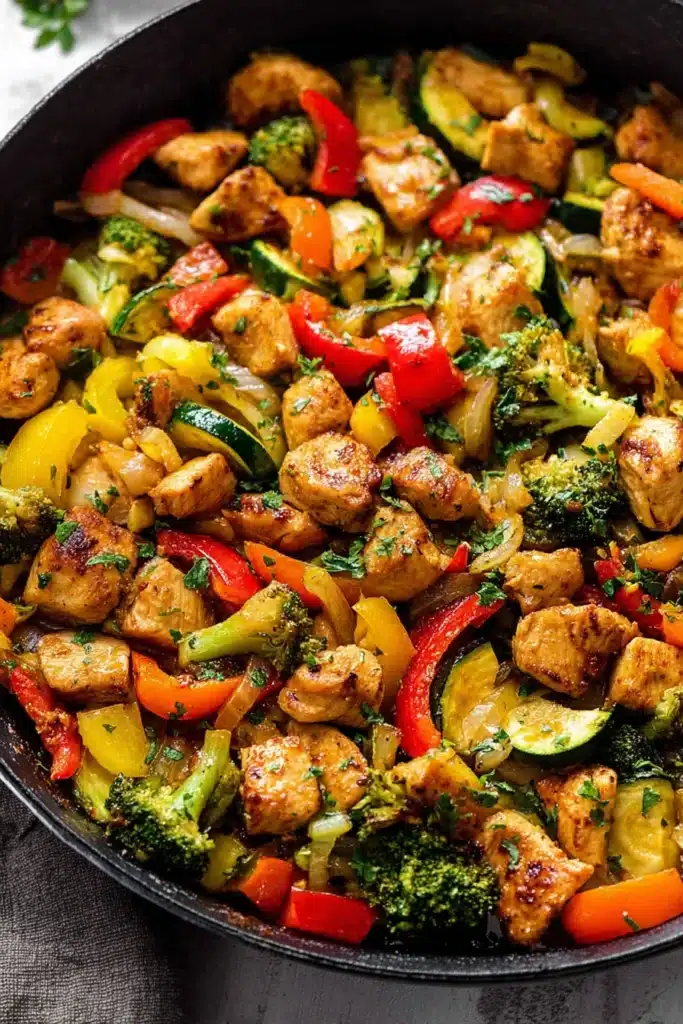 Chicken and Vegetables Skillet with broccoli and bell peppers close up
