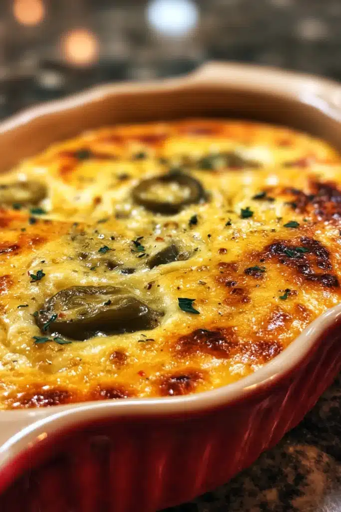 Chile rellenos casserole with golden melted cheese and green chiles in a ceramic baking dish