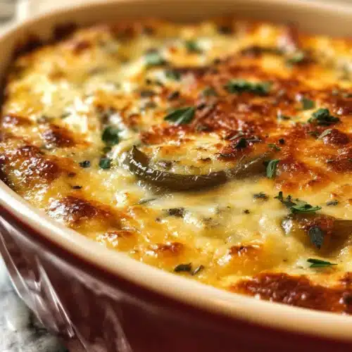 Chile rellenos casserole with golden melted cheese and green chiles in a ceramic baking dish