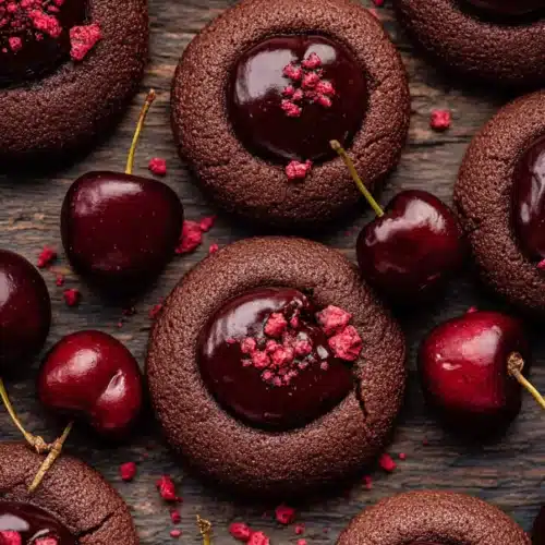 Chocolate cherry thumbprint cookies with glossy ganache and fresh cherries