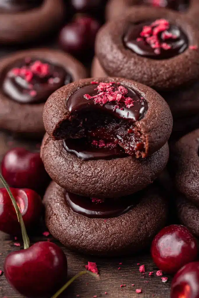 Chocolate Cherry Cookies stacked with glossy ganache and fresh cherries
