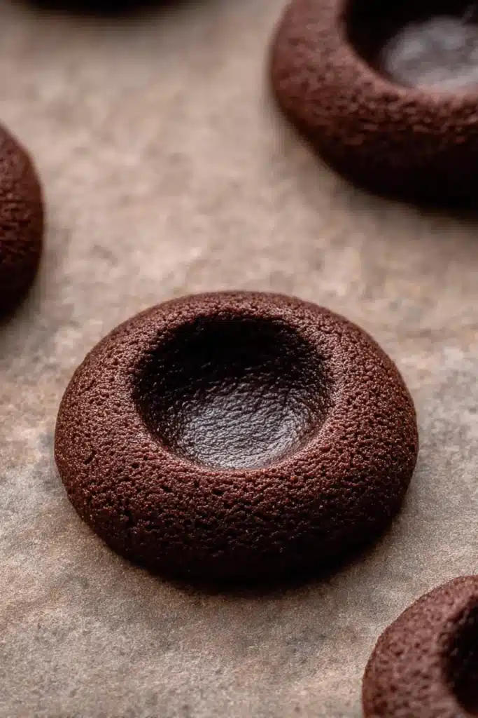 Chocolate Cherry Cookies with deep thumbprint center before filling