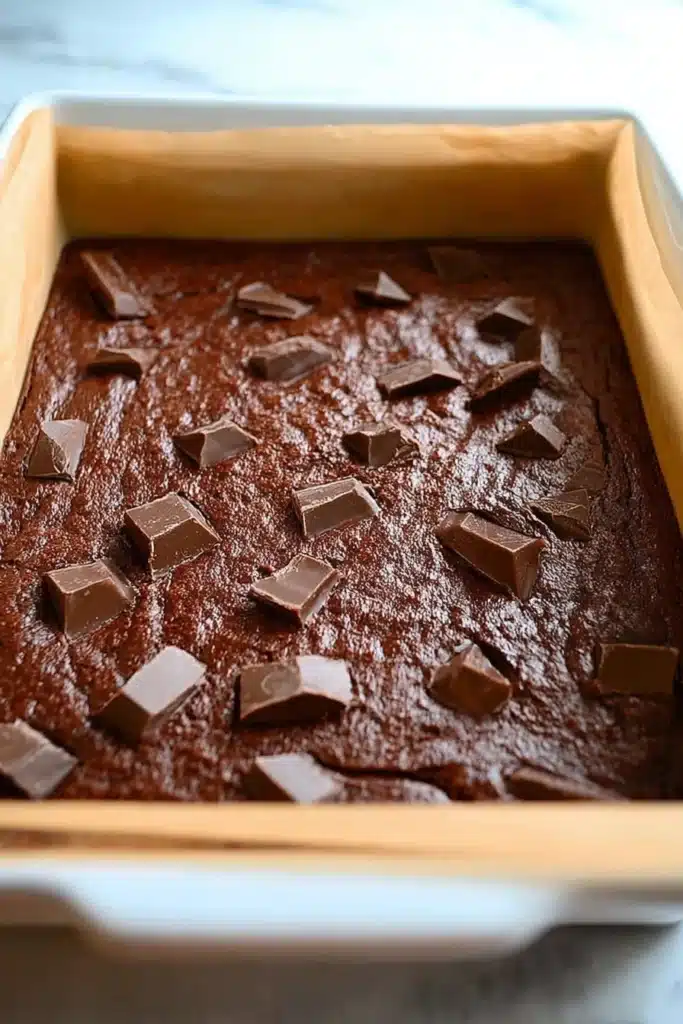 Chocolate-Covered Strawberry Brownies base baking in pan with chocolate chunks
