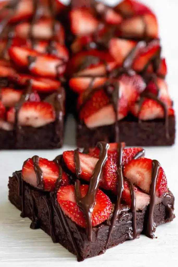 Chocolate-Covered Strawberry Brownies sliced with fresh strawberries and chocolate drizzle