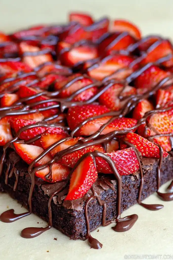 Chocolate strawberry brownies topped with fresh strawberries and chocolate drizzle