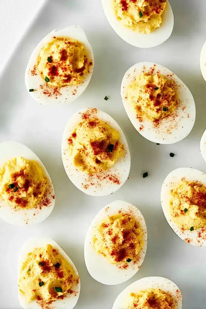Classic deviled eggs with paprika on marble background